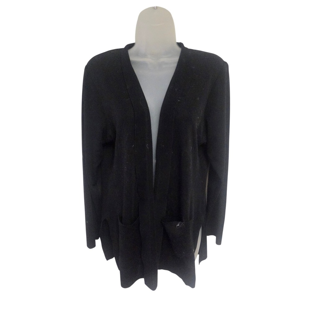 Exclusively Misook Black Open Front Knit Cardigan Longline Pockets Women Size S